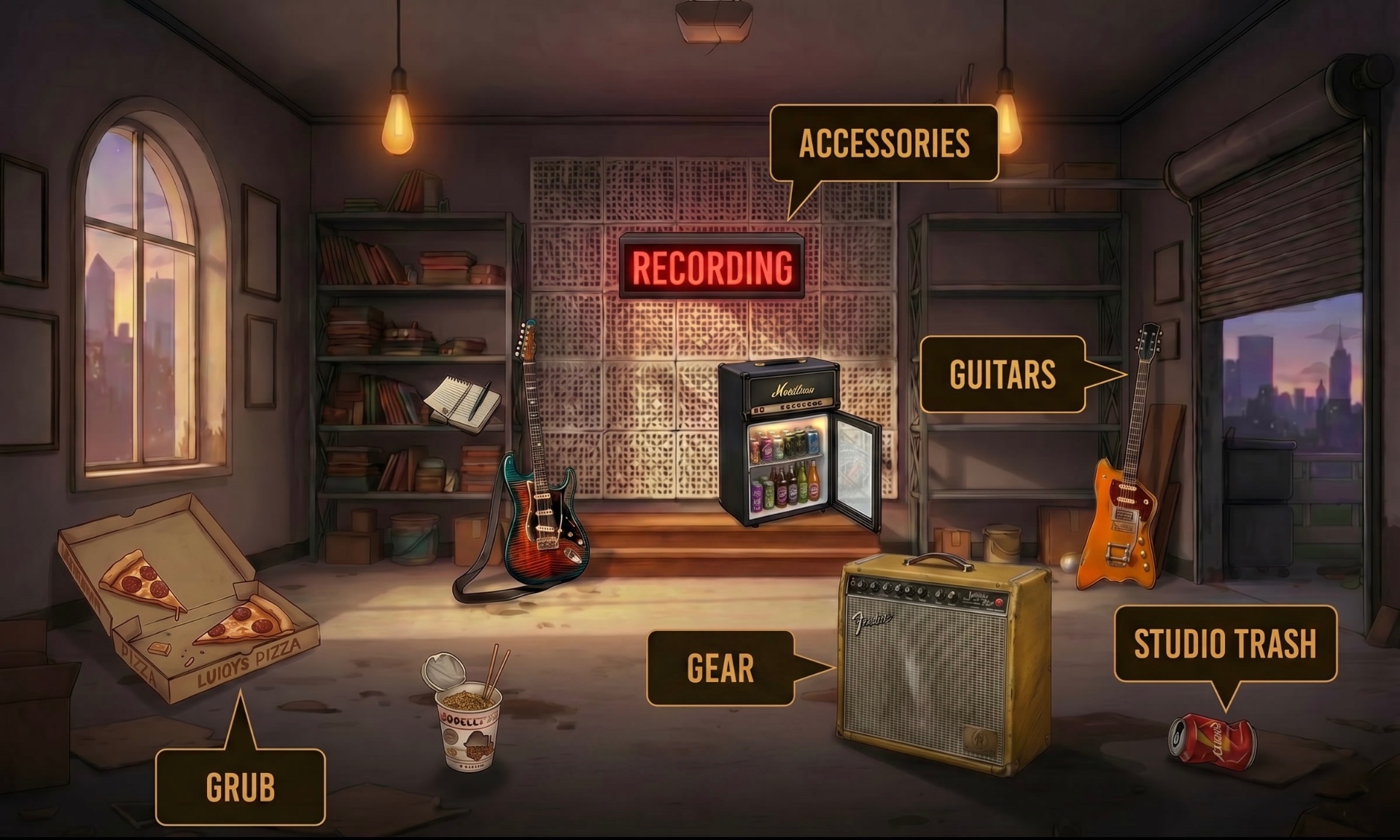 A My Studio scene with a guitar, amp, mini-fridge, and pizza arranged in a recording room